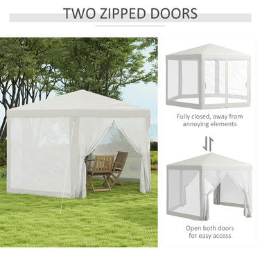 Outsunny Φ13' Hexagon Party Tent Patio Gazebo Outdoor Activity Event Canopy Quick Sun Shelter Pavilion with Netting Mesh Sidewall Cream White