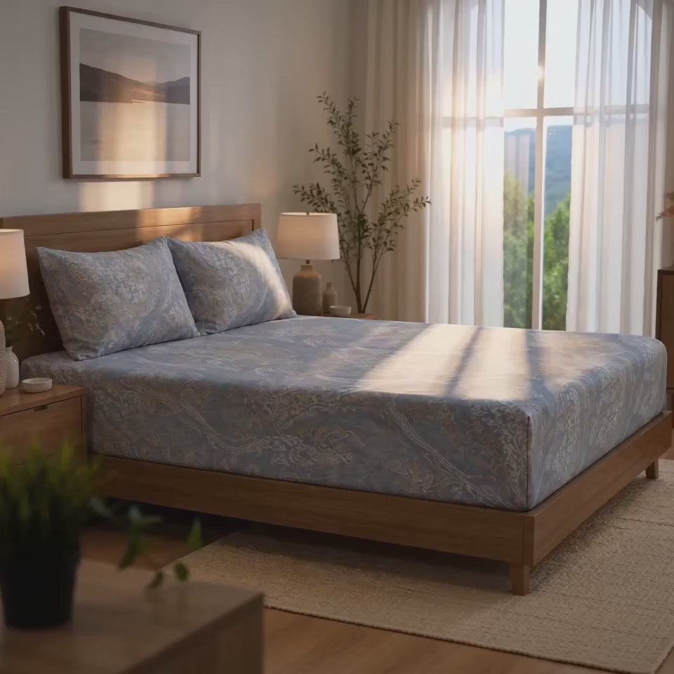 Aarniva 100% Cotton Paisley Bedsheet Set | King/Queen | Soft & Breathable | Misty Blue Paisley | 6-Piece Set