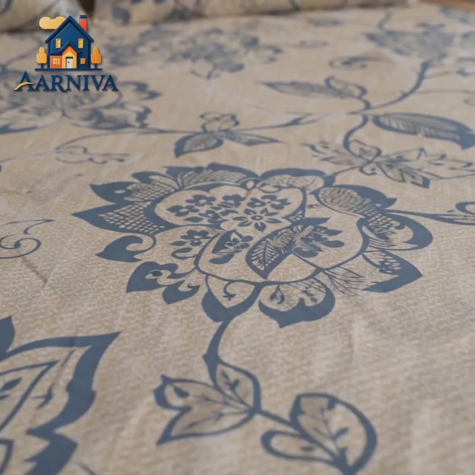 Aarniva 100% Cotton Floral Vine Bedsheet Set | King/Queen | Soft & Breathable | Ivory Blue Floral | 200 TC | -Piece Set