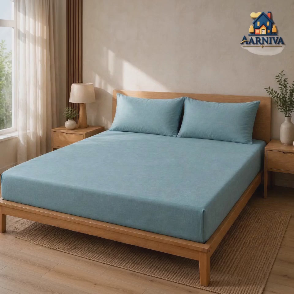 Aarniva 100% Cotton Solid Bedsheet Set | King/Queen | Soft & Breathable | Aqua Mist | 6-Piece Set