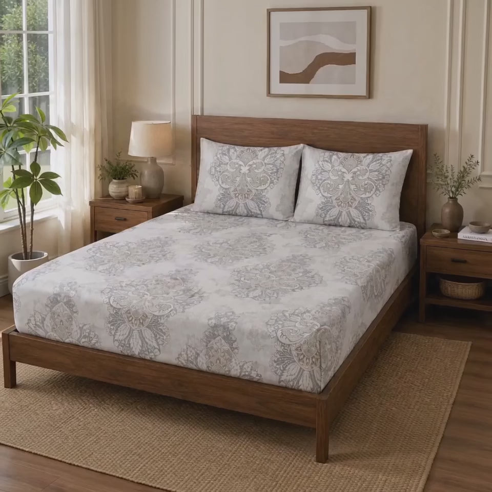 Aarniva 100% Cotton Ornamental Bedsheet Set | King/Queen | Soft & Breathable | Ivory Medallion | 6-Piece Set