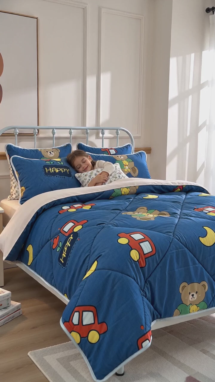 Aarniva Breathable Polyester Happy Teddy Dreams Comforter Set | Double/Twin | 250 GSM | Ultra-Soft & Cozy | Denim Blue | 5-Piece Set