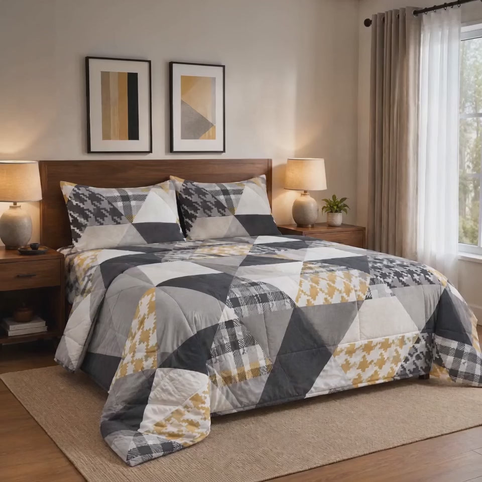 Aarniva Breathable Polyester Modern Geo Contrast Comforter Set | King/Queen | 250 GSM | Ultra-Soft & Cozy | Black Grey Mustard | 5-Piece Set