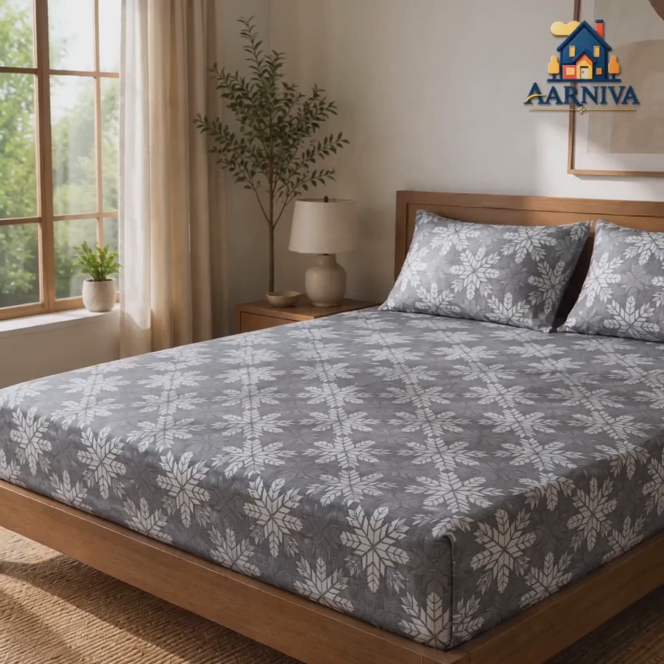 Aarniva 100% Cotton Geometric Bedsheet Set | King/Queen | Soft & Breathable | Charcoal Nordic Snowflake | 6-Piece Set