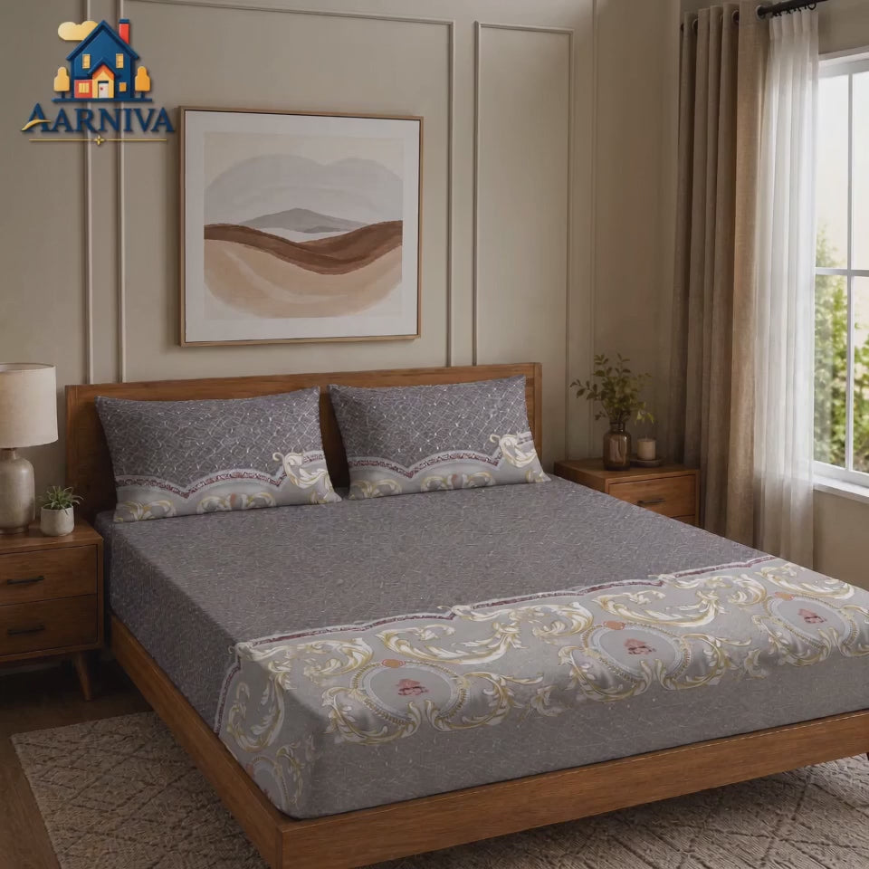 Aarniva 100% Cotton Ornamental Bedsheet Set | King/Queen | Soft & Breathable | Taupe Gold Baroque Border | 6-Piece Set