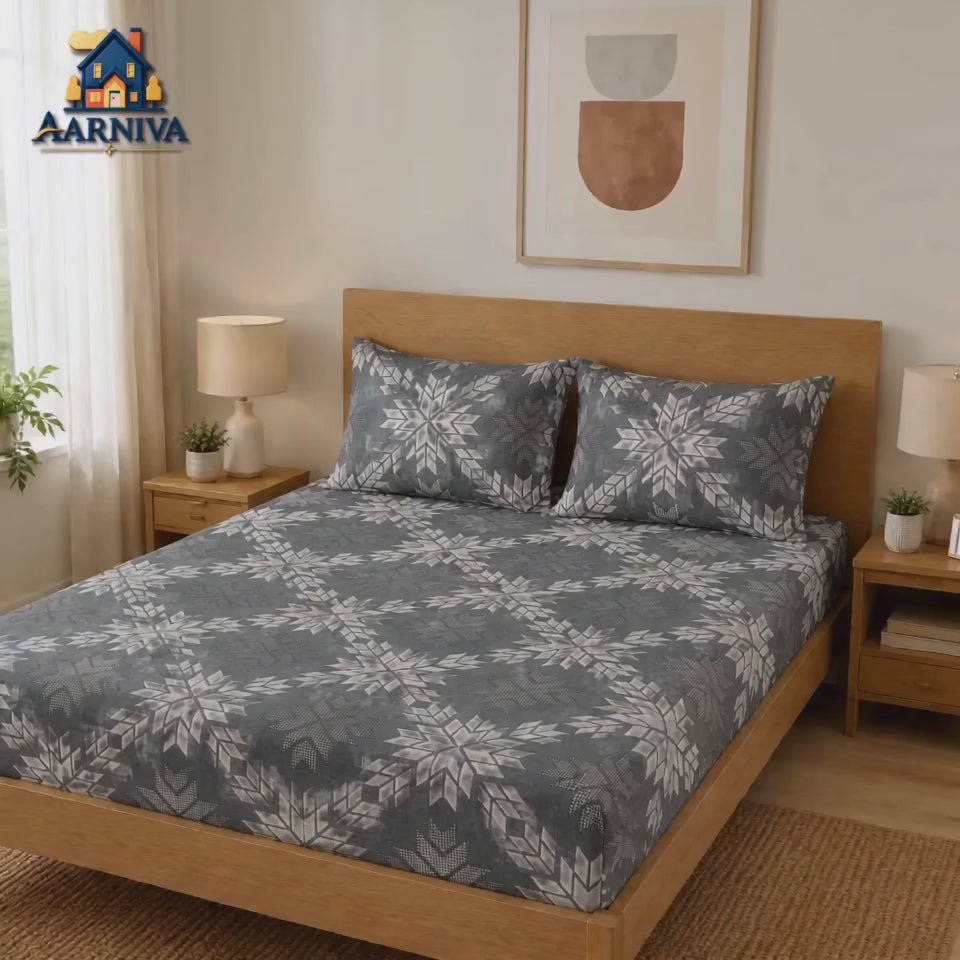 Aarniva 100% Cotton Geometric Bedsheet Set | King/Queen | Soft & Breathable | Silver Snowflake | 6-Piece Set