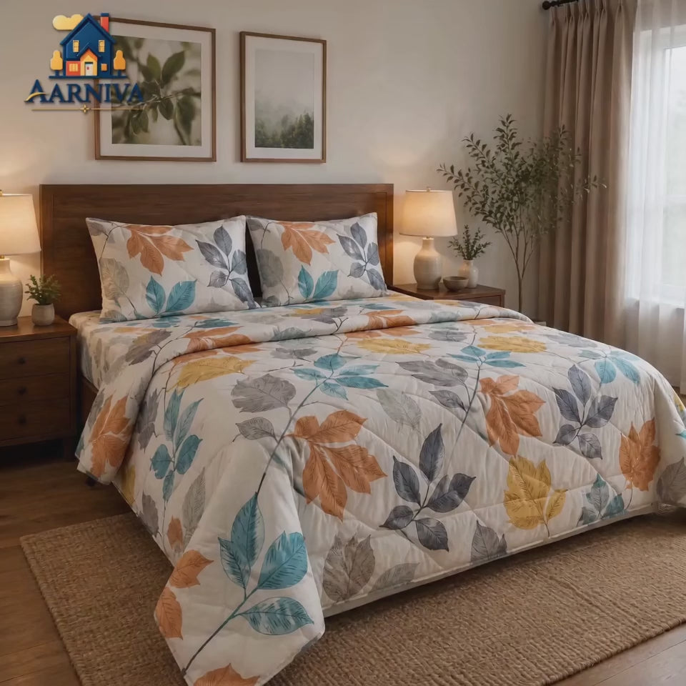 Aarniva Breathable Polyester Falling Leaves Comforter Set | King/Queen | 250 GSM | Ultra-Soft & Cozy | Warm Earth Tones | 5-Piece Set