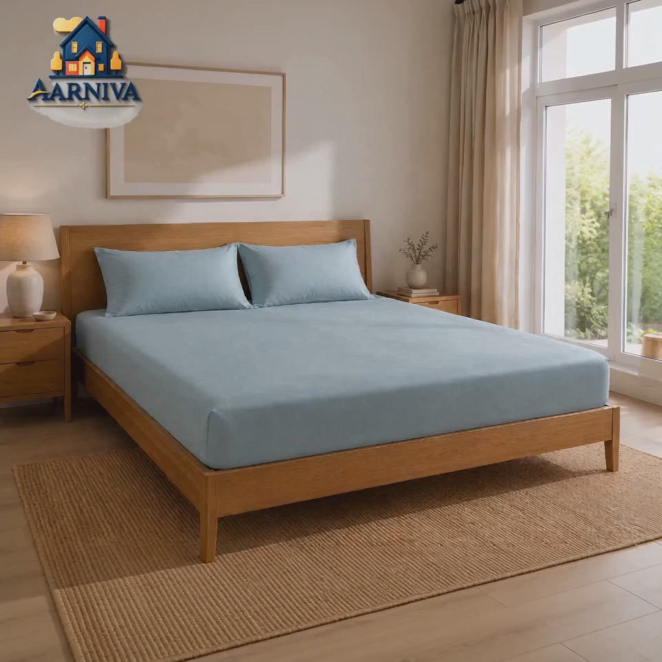 Aarniva 100% Cotton Solid Bedsheet Set | King/Queen | Soft & Breathable | Powder Blue | 6-Piece Set