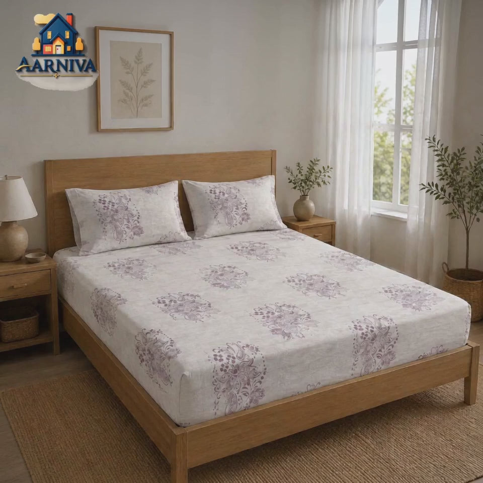 Aarniva 100% Cotton Paisley Bedsheet Set | King/Queen | Soft & Breathable | Ivory Mauve Paisley | 6-Piece Set