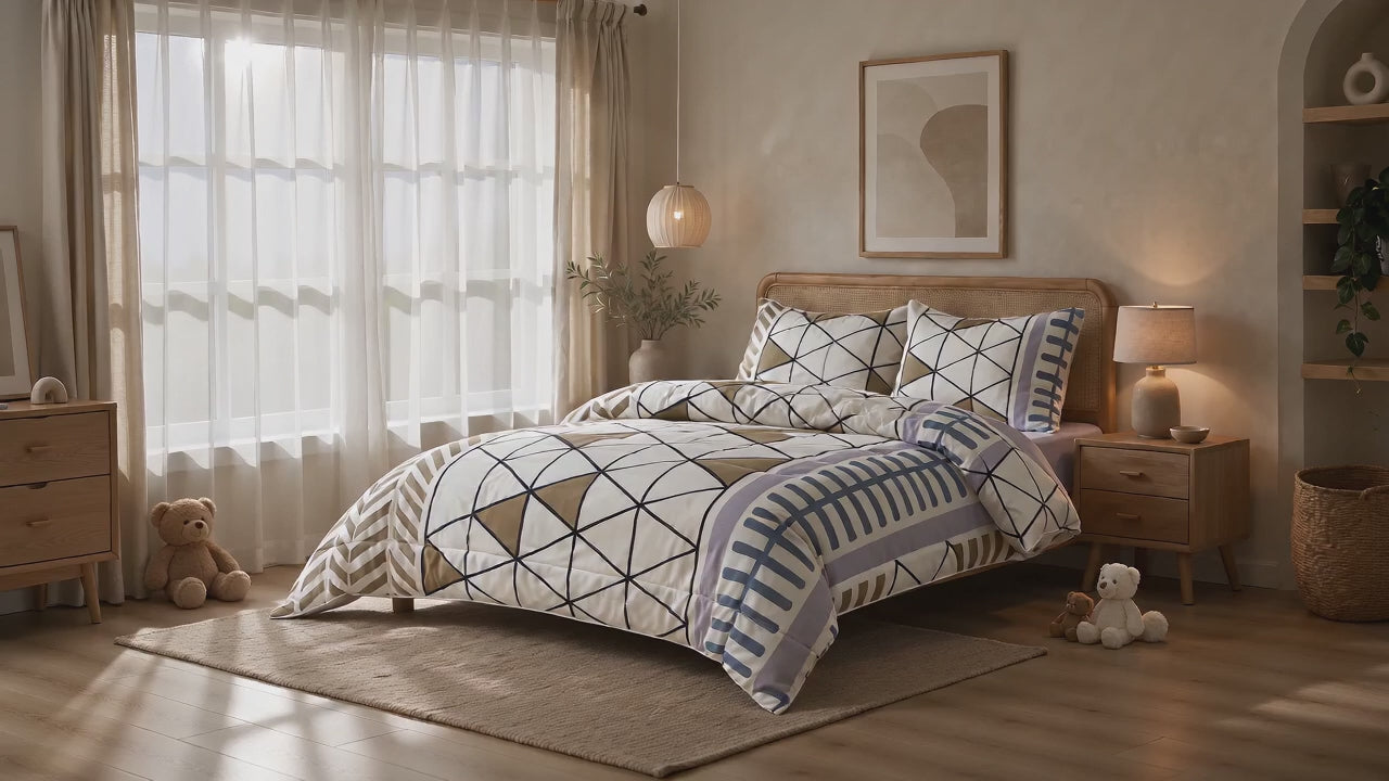 Aarniva Breathable Polyester Modern Geo Lines Comforter Set | King/Queen | 250 GSM | Ultra-Soft & Cozy | Ivory Taupe | 5-Piece Set