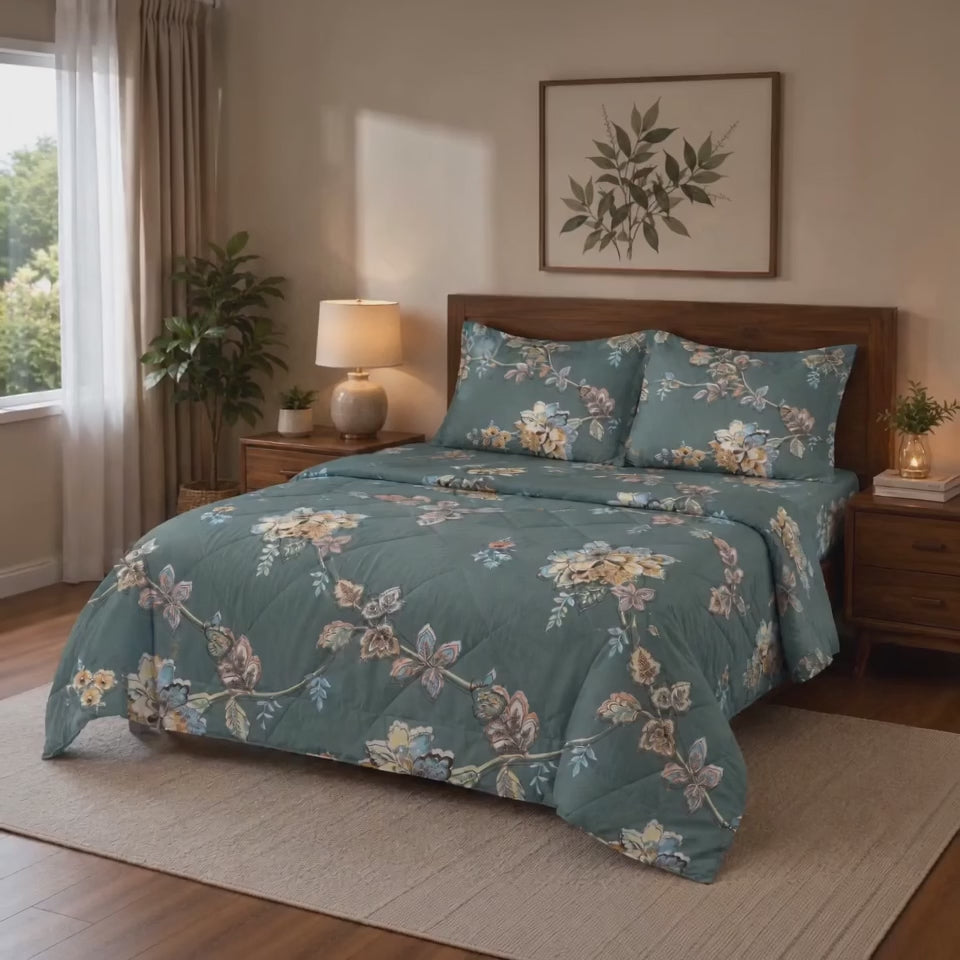 Aarniva Breathable Polyester Antique Botanical Bloom Comforter Set | King/Queen | 250 GSM | Ultra-Soft & Cozy | Deep Sage | 5-Piece Set