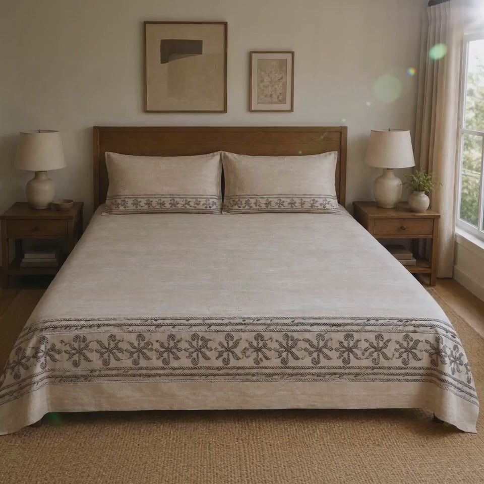 Aarniva 100% Cotton Bedsheet Set | King/Queen | Soft & Breathable | Ivory Tribal Border | 6-Piece Set