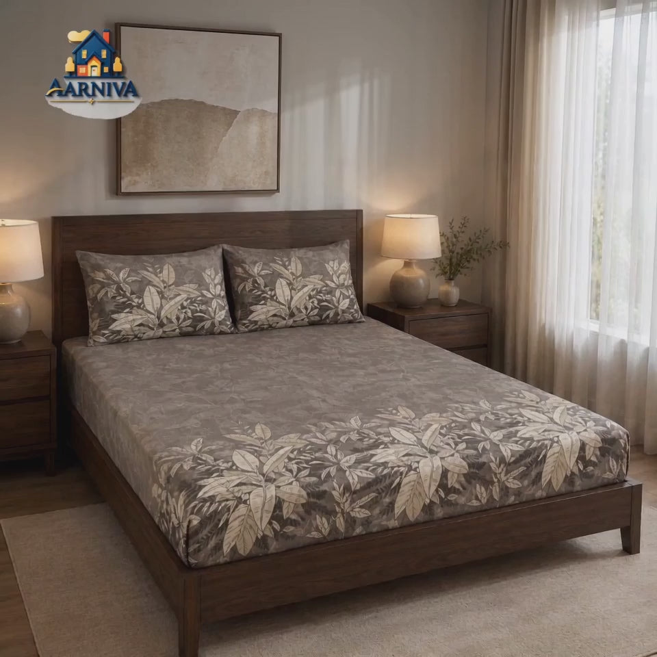 Aarniva 100% Cotton Botanical Bedsheet Set | King/Queen | Soft & Breathable | Mocha Botanical Border | 4-Piece Set