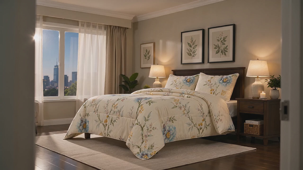 Aarniva Breathable Polyester Blue Meadow Comforter Set | King/Queen | 250 GSM | Ultra-Soft & Cozy | Classic Ivory | 5-Piece Set