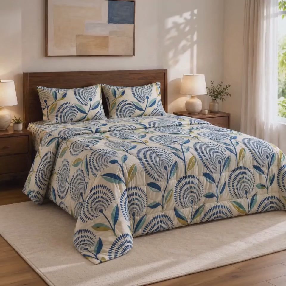 Aarniva Breathable Polyester Ocean Petal Fans Comforter Set | King/Queen | 250 GSM | Ultra-Soft & Cozy | Blue Gold | 5-Piece Set