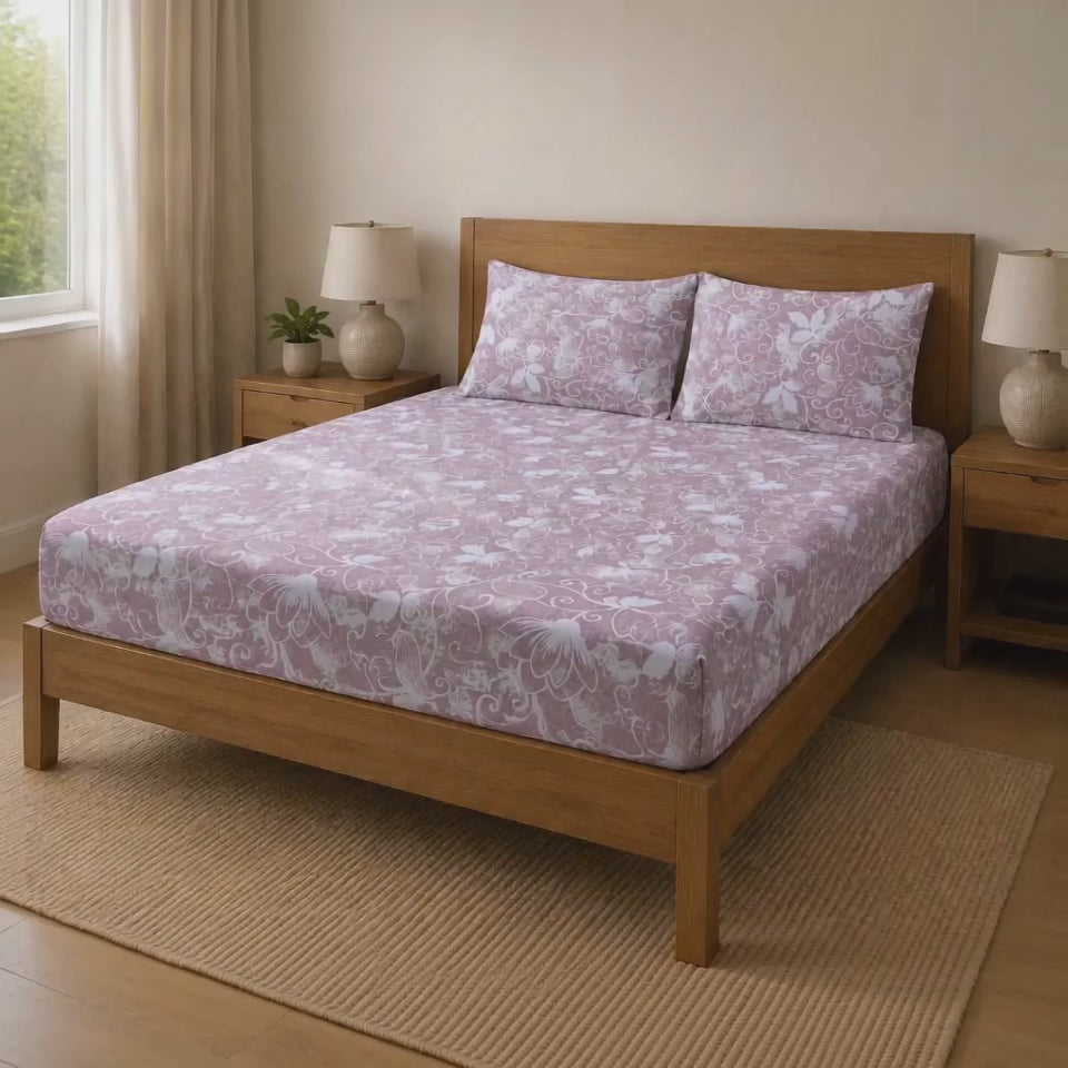 Aarniva 100% Cotton Floral Bedsheet Set | King/Queen | Soft & Breathable | Dusty Rose Floral Vine | 6-Piece Set