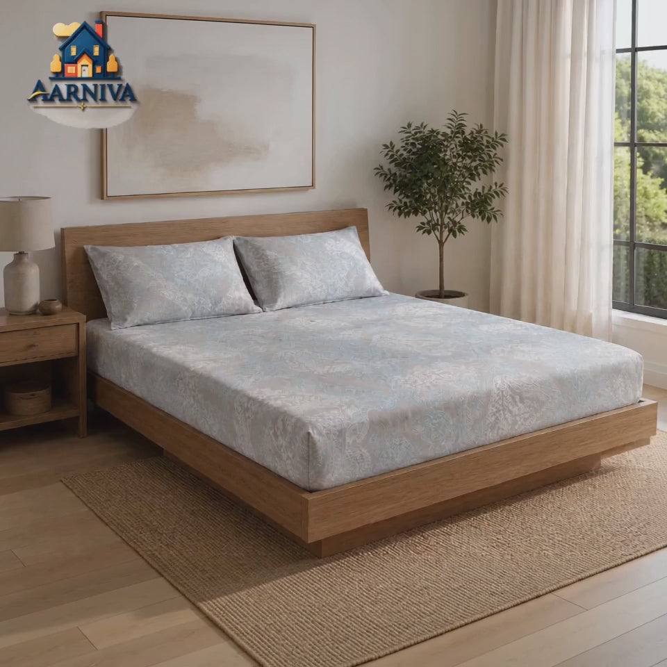 Aarniva 100% Cotton Paisley Bedsheet Set | King/Queen | Soft & Breathable | Ivory Blue Damask Paisley | 6-Piece Set