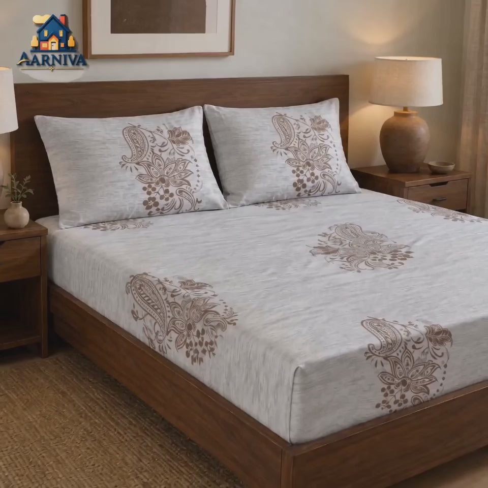 Aarniva 100% Cotton Paisley Bedsheet Set | King/Queen | Soft & Breathable | Soft Taupe Paisley | 6-Piece Set