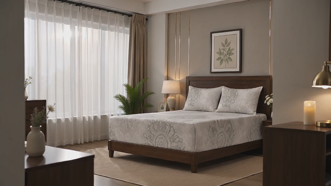 Aarniva 100% Cotton Ornamental Medallion Bedsheet Set | King/Queen | Soft & Breathable | Ivory Sage | 200 TC | 6-Piece Set