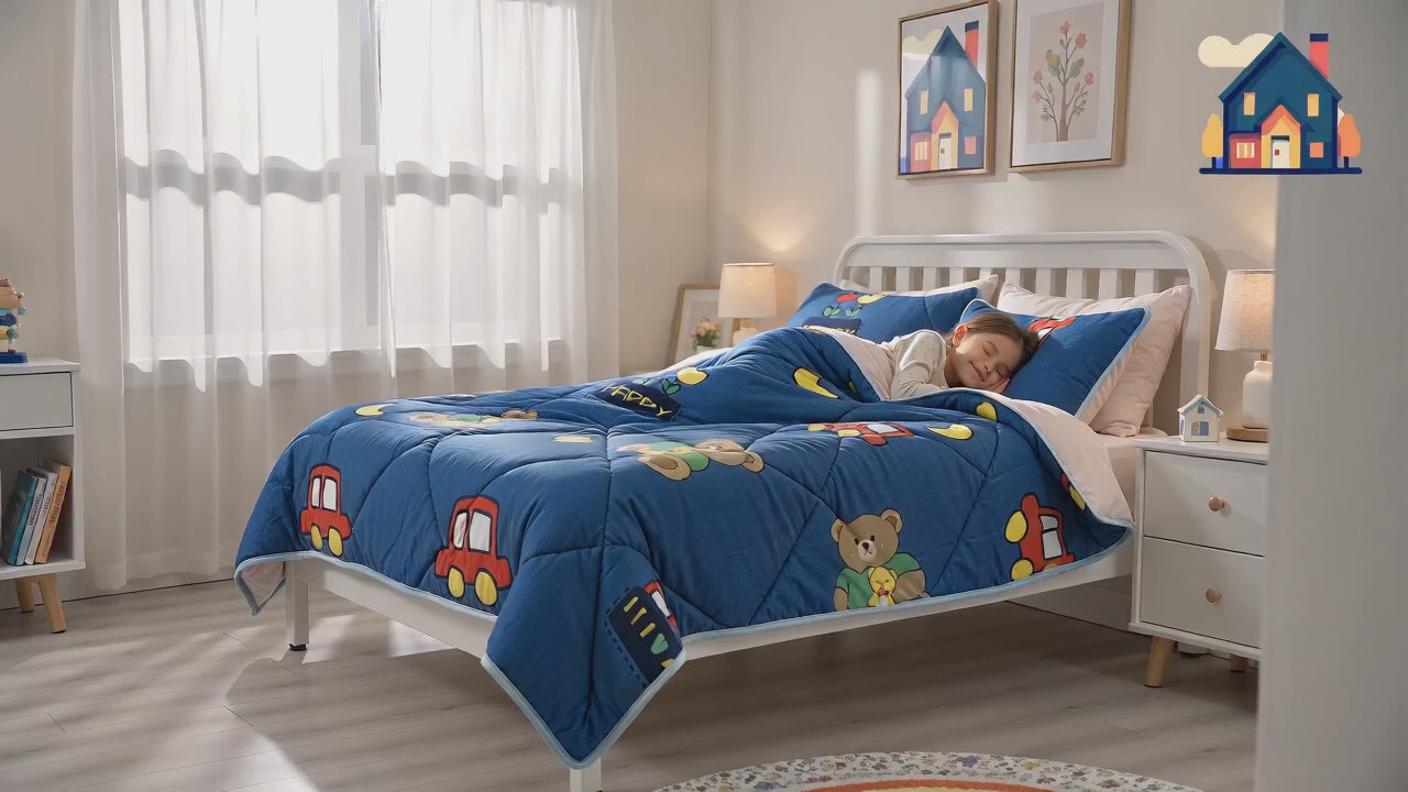 Aarniva Breathable Polyester Happy Teddy Dreams Comforter Set | Double/Twin | 250 GSM | Ultra-Soft & Cozy | Denim Blue | 5-Piece Set