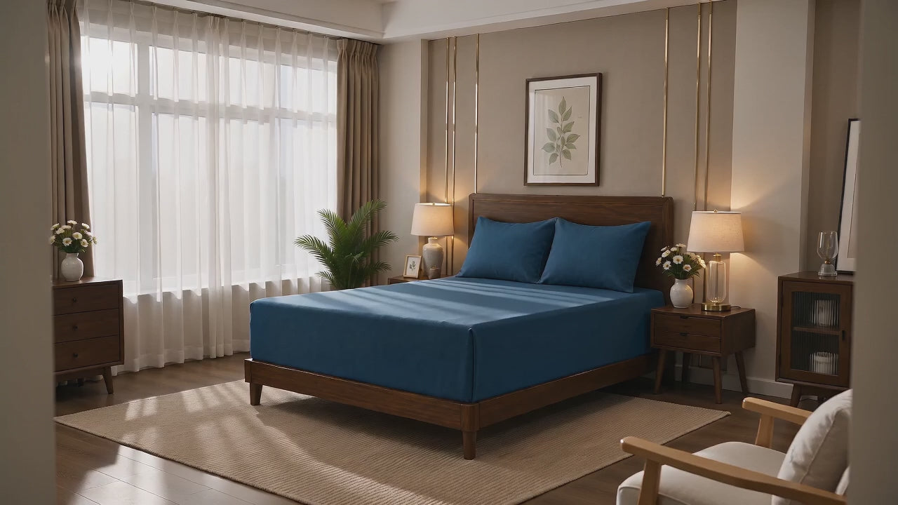 Aarniva 100% Cotton Solid Bedsheet Set | King/Queen | Soft & Breathable | Deep Ocean Blue | 400 TC | 6-Piece Set