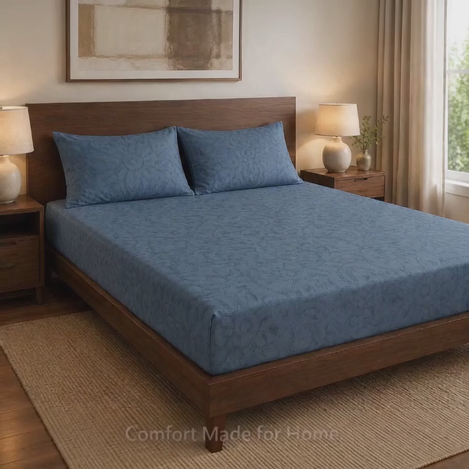 Aarniva 100% Cotton Floral Bedsheet Set | King/Queen | Soft & Breathable | Slate Blue Floral | 6-Piece Set