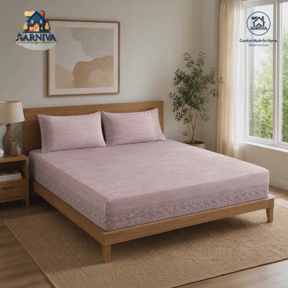 Aarniva 100% Cotton Border Bedsheet Set | King/Queen | Soft & Breathable | Blush Pink Ornamental Border | 6-Piece Set