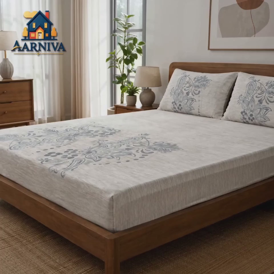 Aarniva 100% Cotton Floral Bedsheet Set | King/Queen | Soft & Breathable | Ivory Slate Floral Scroll | 6-Piece Set