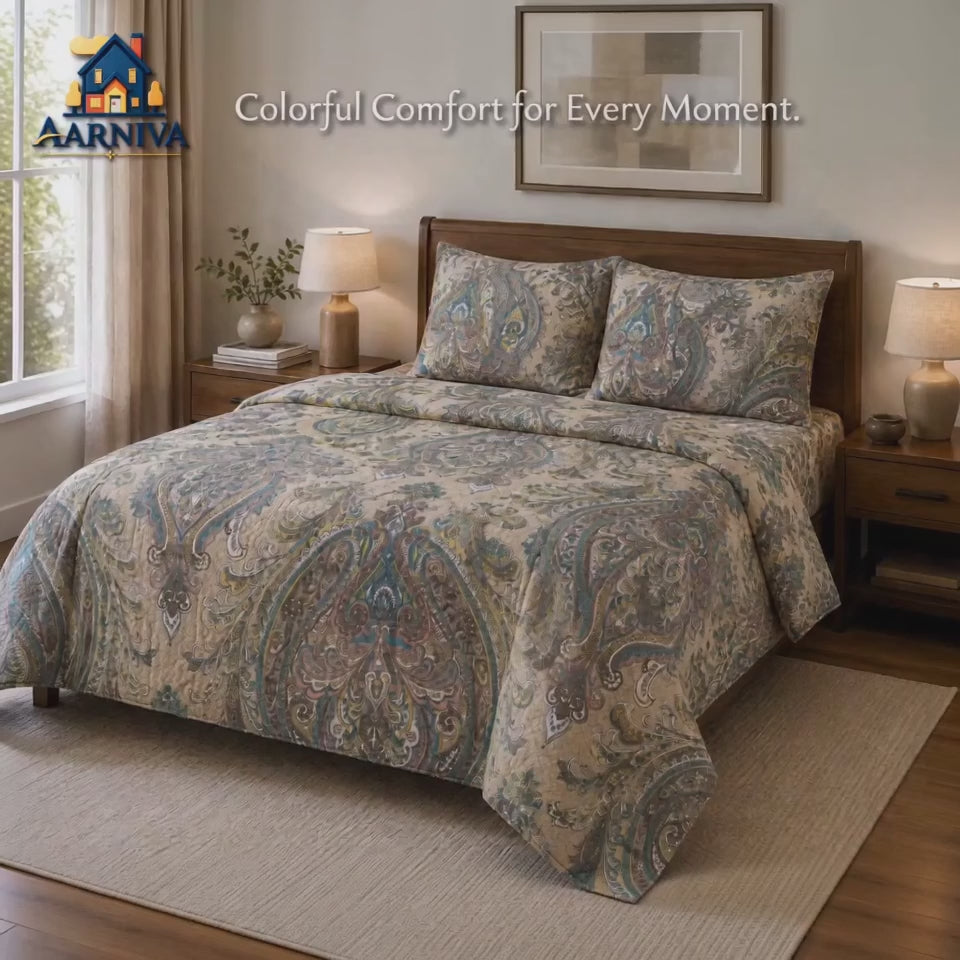 Aarniva Breathable Polyester Vintage Paisley Heritage Comforter Set | King/Queen | 250 GSM | Ultra-Soft & Cozy | Antique Teal | 5-Piece Set