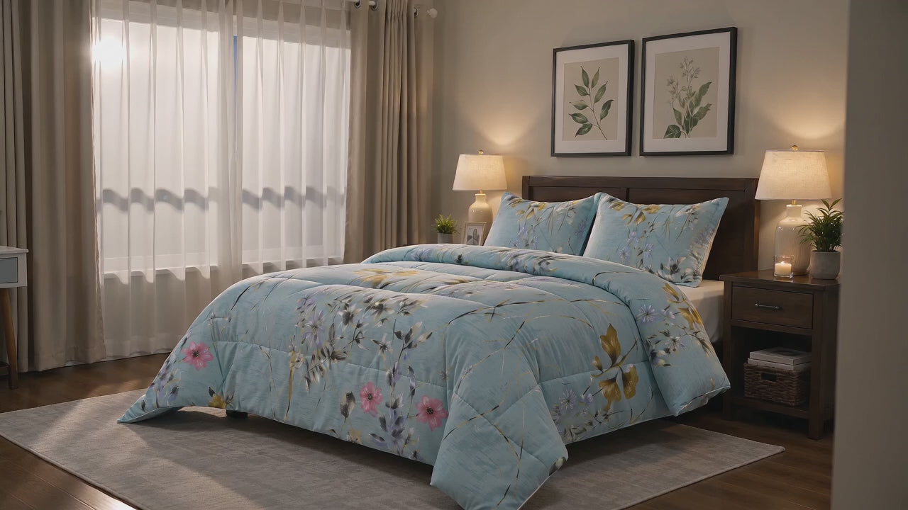 Aarniva Breathable Polyester Blue Wildflower Meadow Comforter Set | King/Queen | 250 GSM | Ultra-Soft & Cozy | Vintage Rose Garden | 5-Piece Set