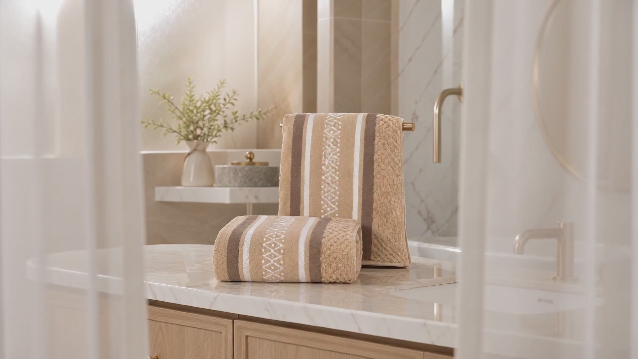 Aarniva 100% Cotton Jacquard Bath Towel Set | Soft & Absorbent | 70 × 140 cm | Warm Beige Stripe | 4-Piece Set