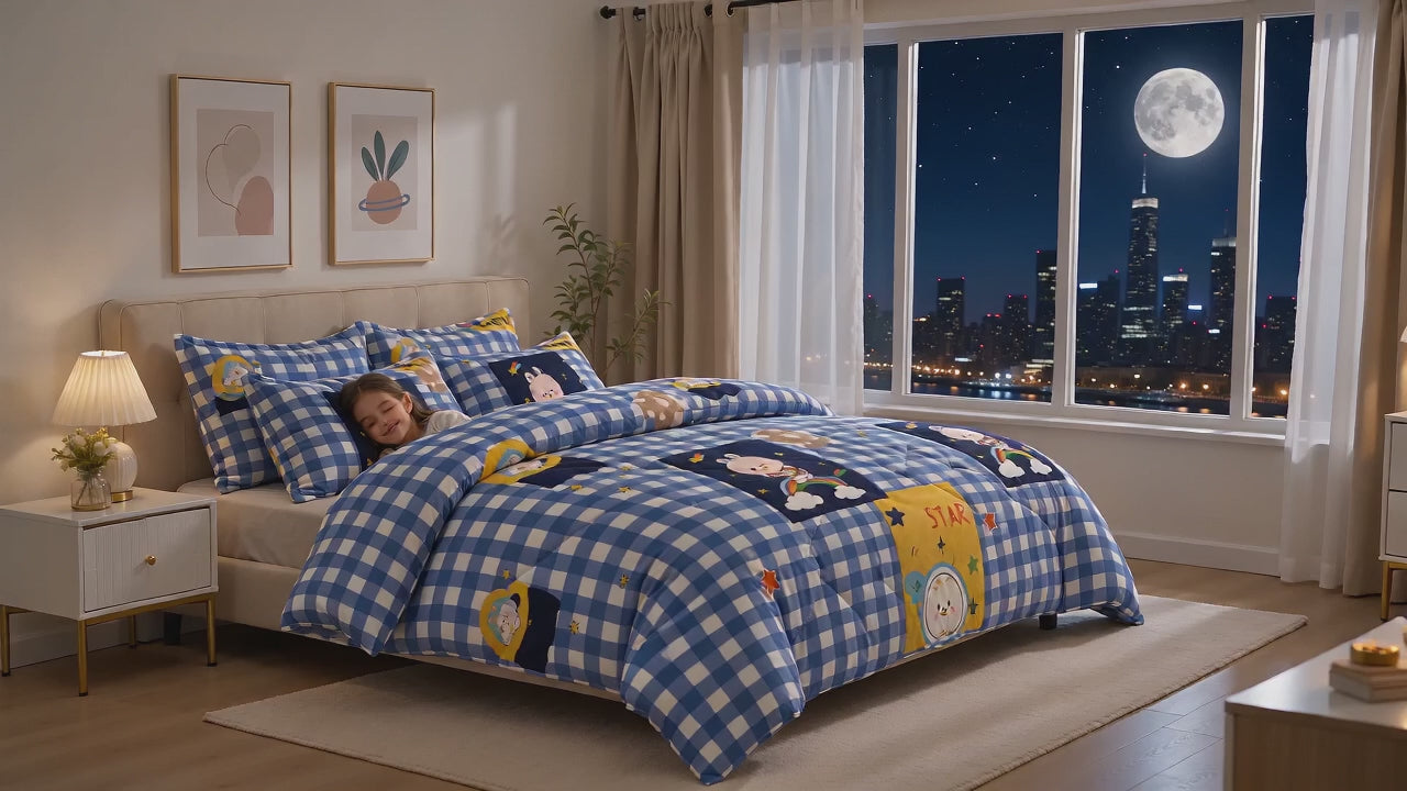 Aarniva Breathable Polyester Blue Space Kids Comforter Set| Double/Twin | 250 GSM | Ultra-Soft & Cozy |  Navy Blue | 5-Piece Set