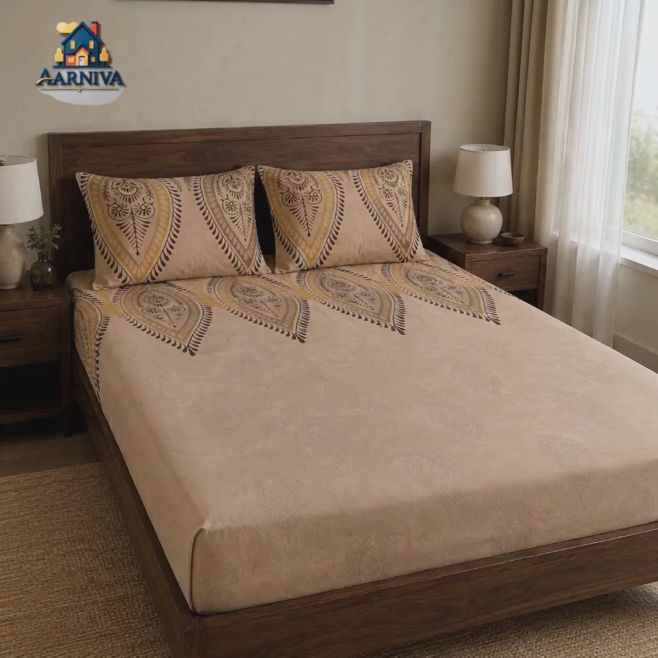 Aarniva 100% Cotton Paisley Bedsheet Set | King/Queen | Soft & Breathable | Sand Gold Paisley | 6-Piece Set