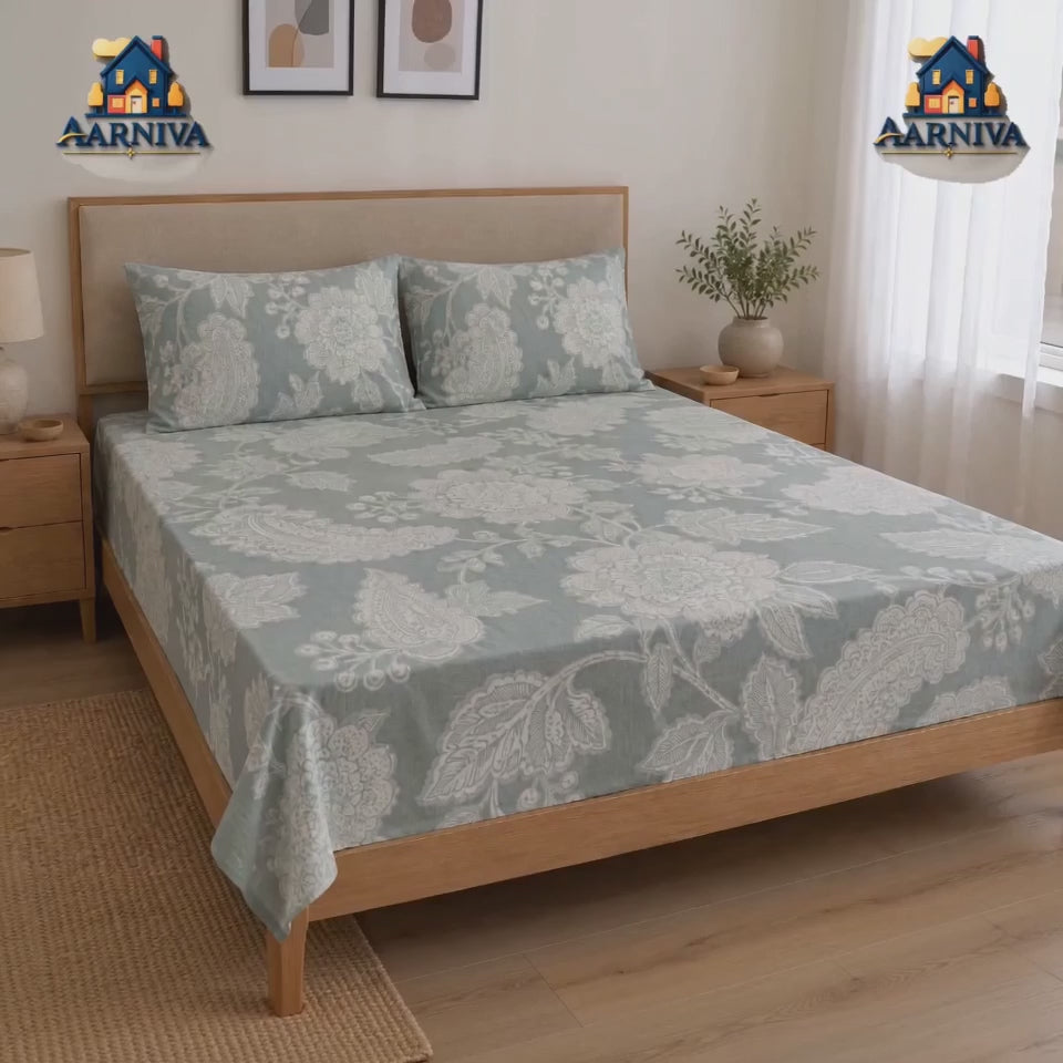 Aarniva 100% Cotton Paisley Floral Bedsheet Set | King/Queen | Soft & Breathable | Misty Sage Paisley | 200 TC | 4-Piece Set