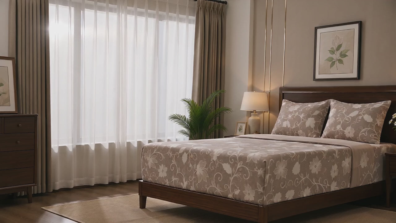 Aarniva 100% Cotton Floral Vine Bedsheet Set | King/Queen | Soft & Breathable | Mocha Taupe | 200 TC | 6-Piece Set