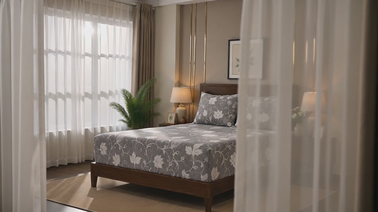 Aarniva 100% Cotton Floral Vine Bedsheet Set | King/Queen | Soft & Breathable | Stone Grey | 6-Piece Set