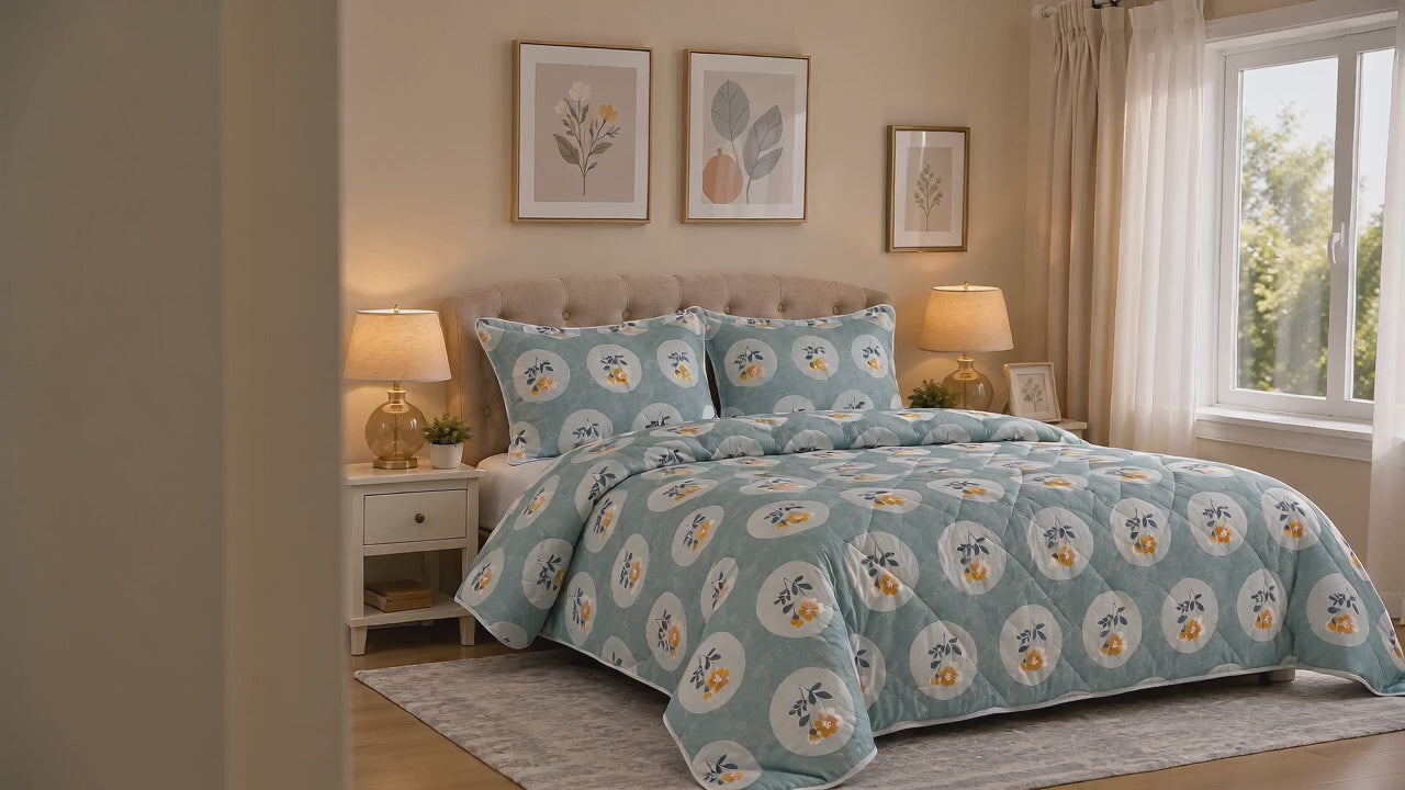 Aarniva Breathable Polyester Sage Blossom Circles Comforter Set | King/Queen | 250 GSM | Ultra-Soft & Cozy | Floral Blue | 5-Piece Set