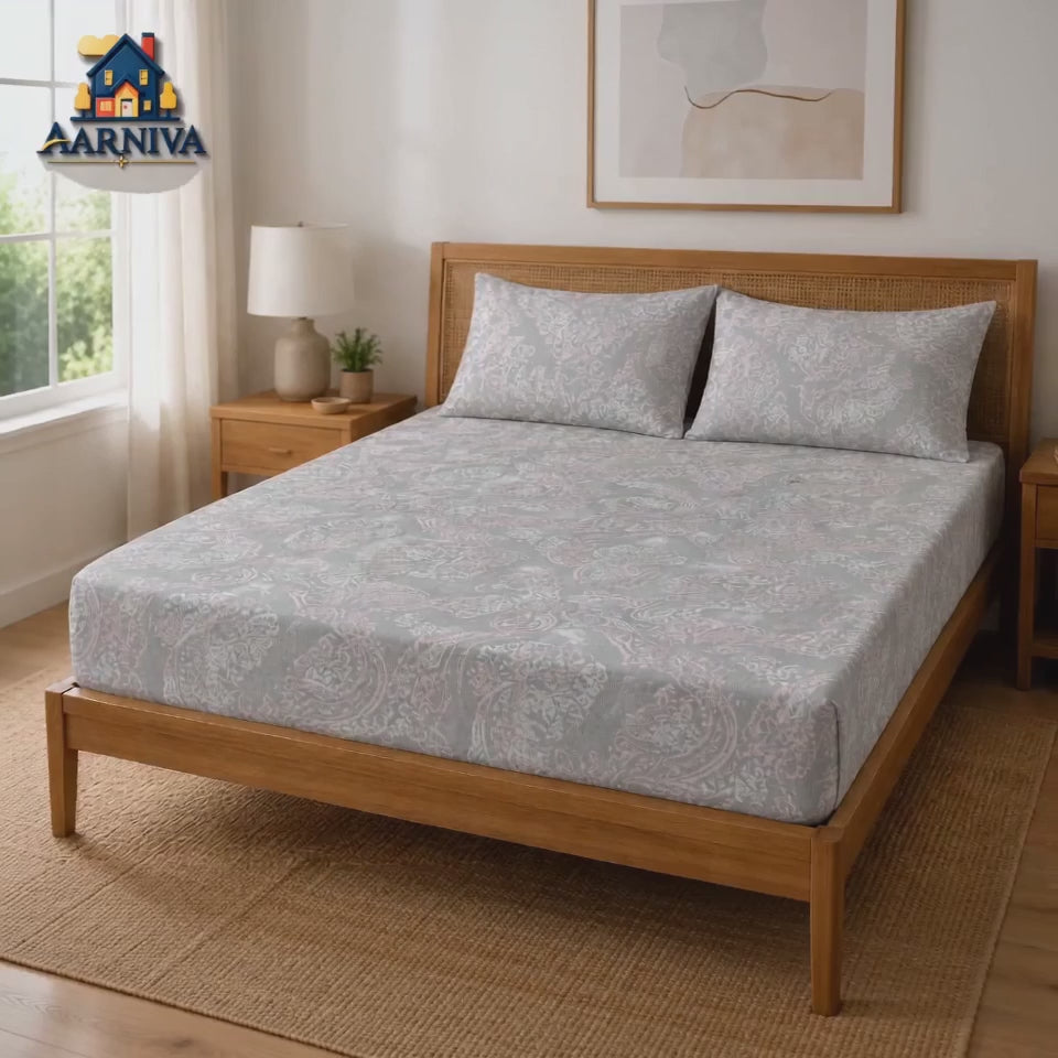 Aarniva 100% Cotton Paisley Bedsheet Set | King/Queen | Soft & Breathable | Silver Blush Paisley | 6-Piece Set