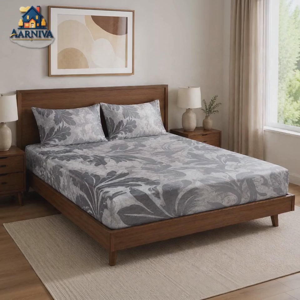 Aarniva 100% Cotton Botanical Bedsheet Set | King/Queen | Soft & Breathable | Silver Botanical Scroll | 6-Piece Set