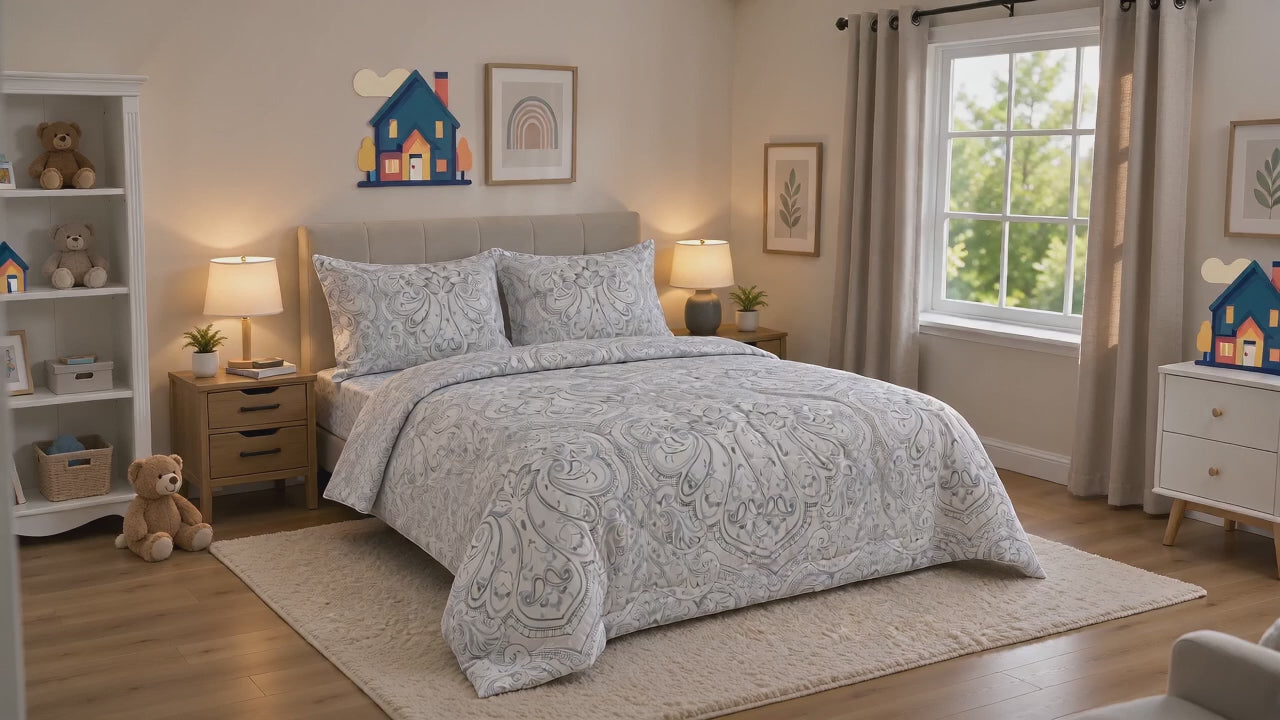 Aarniva Breathable Polyester Silver Paisley Elegance Comforter Set | King/Queen | 250 GSM | Ultra-Soft & Cozy | Soft Grey | 5-Piece Set