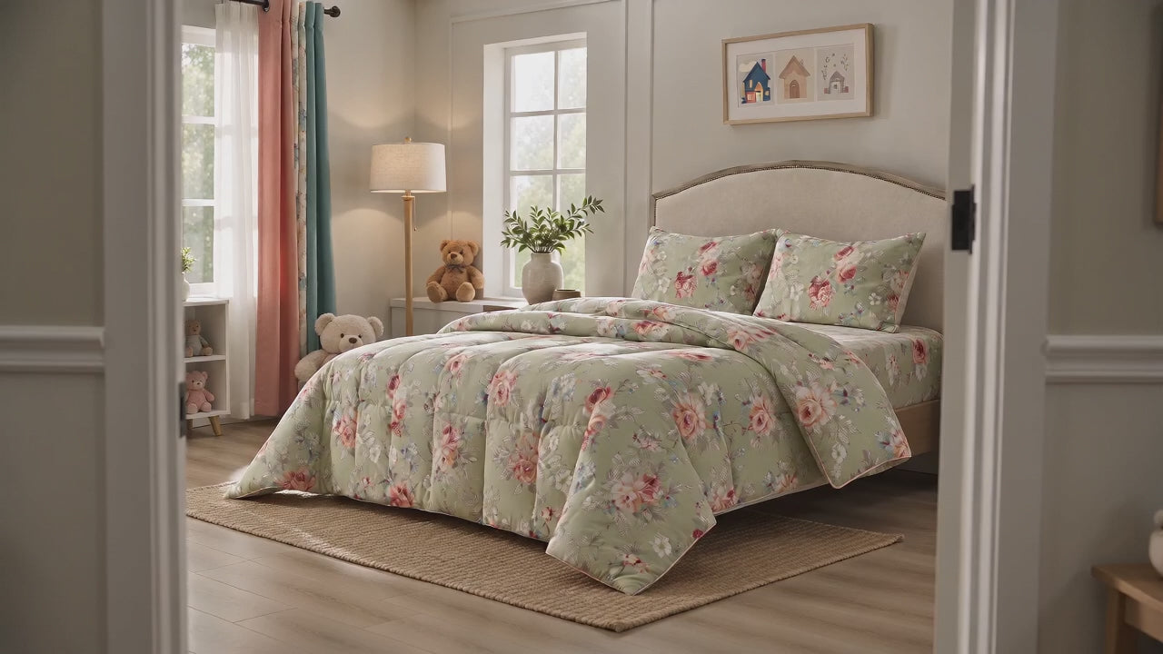 Aarniva Breathable Polyester Sage Rose Garden Comforter Set | King/Queen | 250 GSM | Ultra-Soft & Cozy | Soft Sage | 5-Piece Set