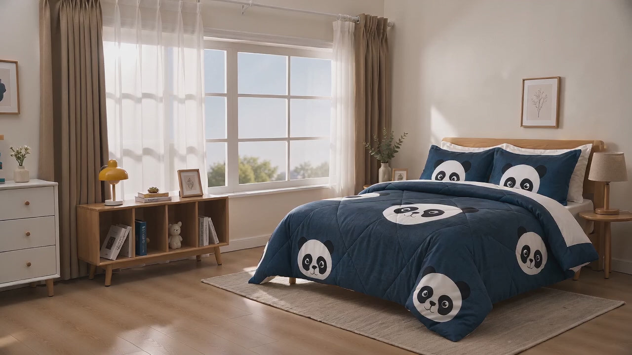 Aarniva Breathable Polyester Panda Pals Comforter Set | King/Queen | 250 GSM | Ultra-Soft & Cozy | Deep Sea | 5-Piece Set