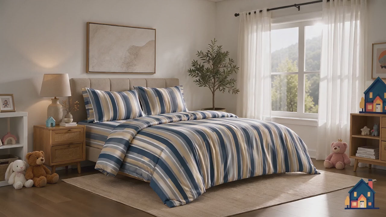 Aarniva Breathable Polyester Harbor Stripe Comforter Set | King/Queen | 250 GSM | Ultra-Soft & Cozy | Navy Sand | 5-Piece Set