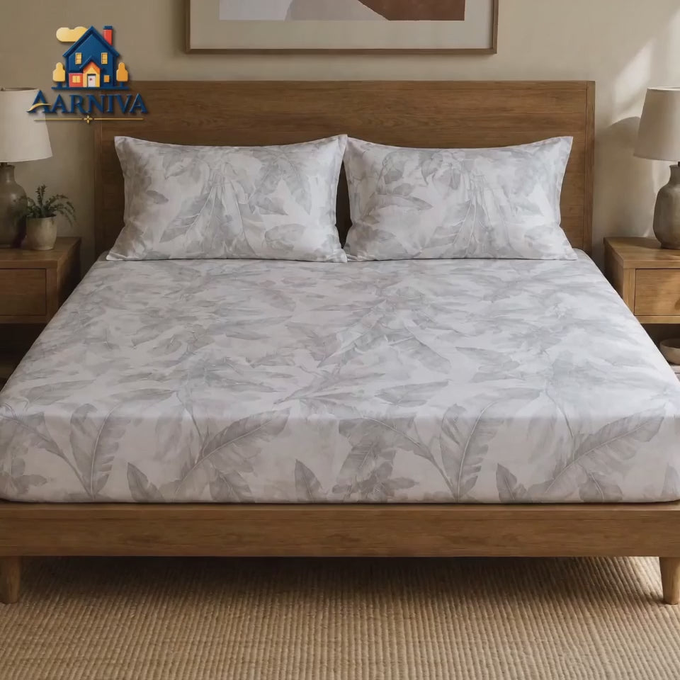 Aarniva 100% Cotton Botanical Bedsheet Set | King/Queen | Soft & Breathable | Misty Leaf Ivory | 6-Piece Set