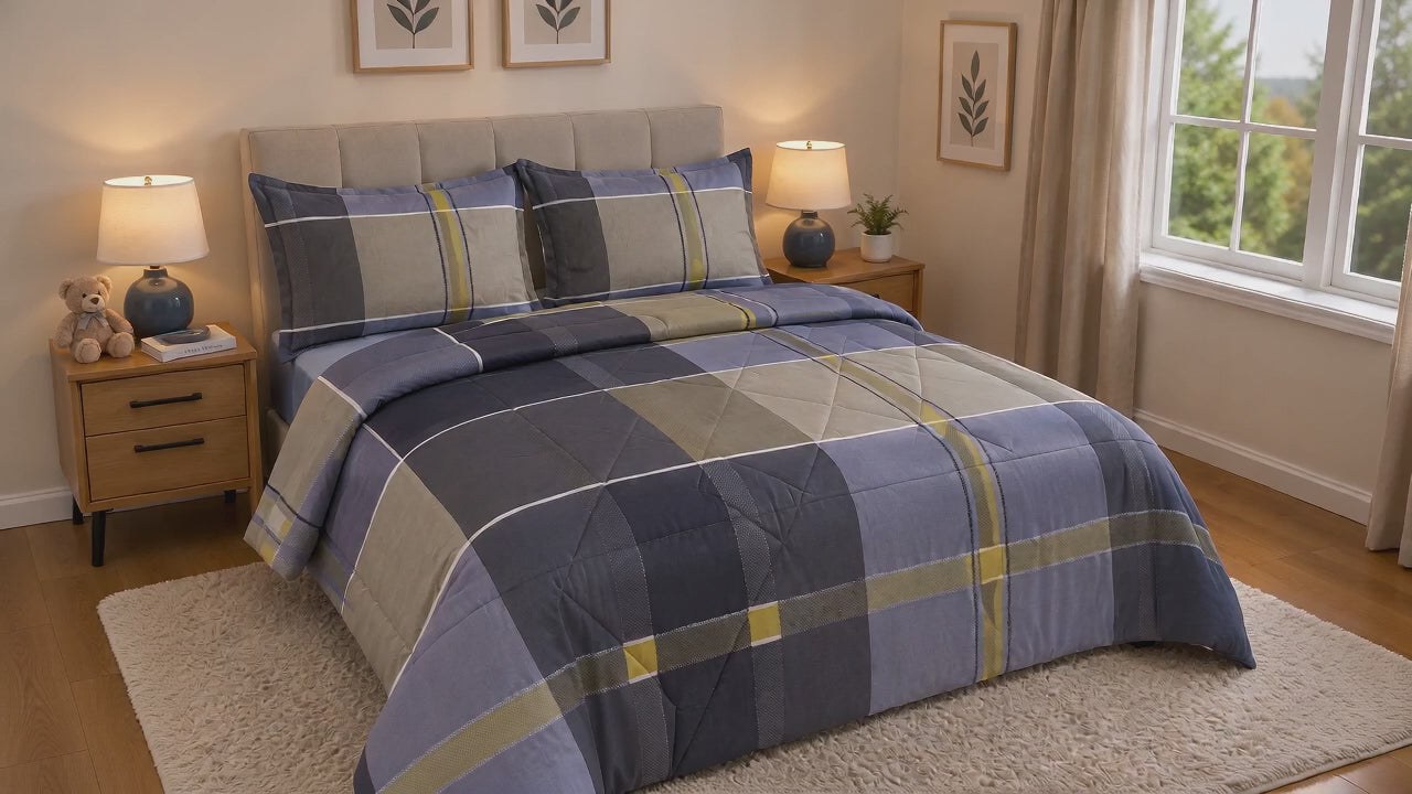 Aarniva Breathable Polyester Heritage Plaid Comforter Set | King/Queen | 250 GSM | Ultra-Soft & Cozy | Blue Taupe | 5-Piece Set