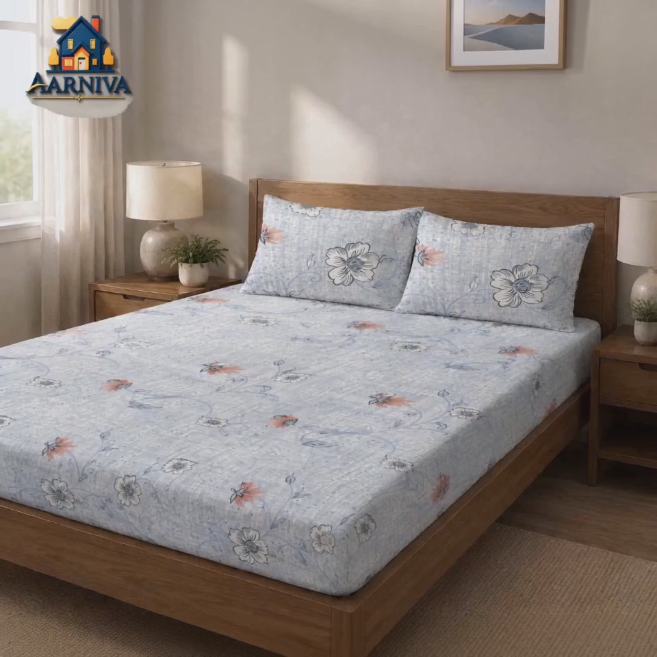 Aarniva 100% Cotton Floral Bedsheet Set | King/Queen | Soft & Breathable | Powder Blue Blossom Vine | 6-Piece Set