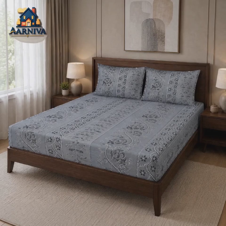Aarniva 100% Cotton Floral Bedsheet Set | King/Queen | Soft & Breathable | Silver Floral Vine | 6-Piece Set