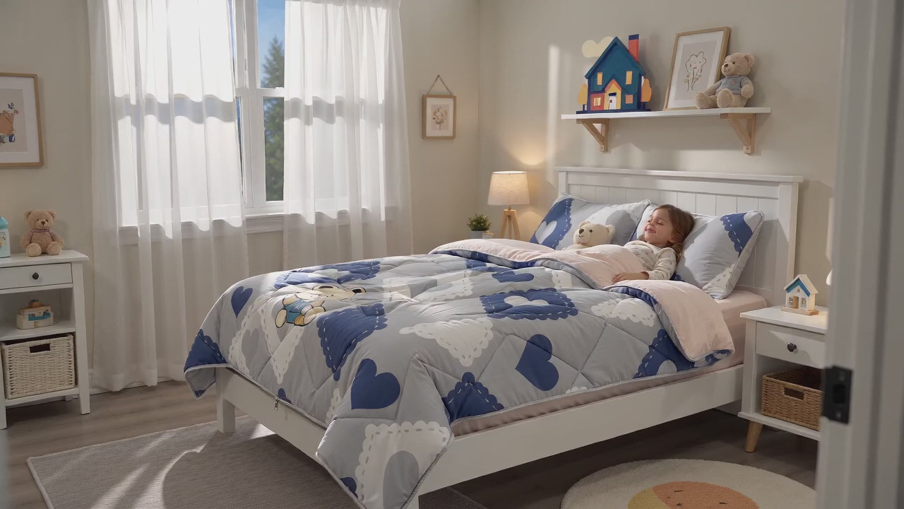 Aarniva Breathable Polyester Teddy Love Comforter Set | King/Queen | 250 GSM | Ultra-Soft & Cozy | Soft Grey | 5-Piece Set