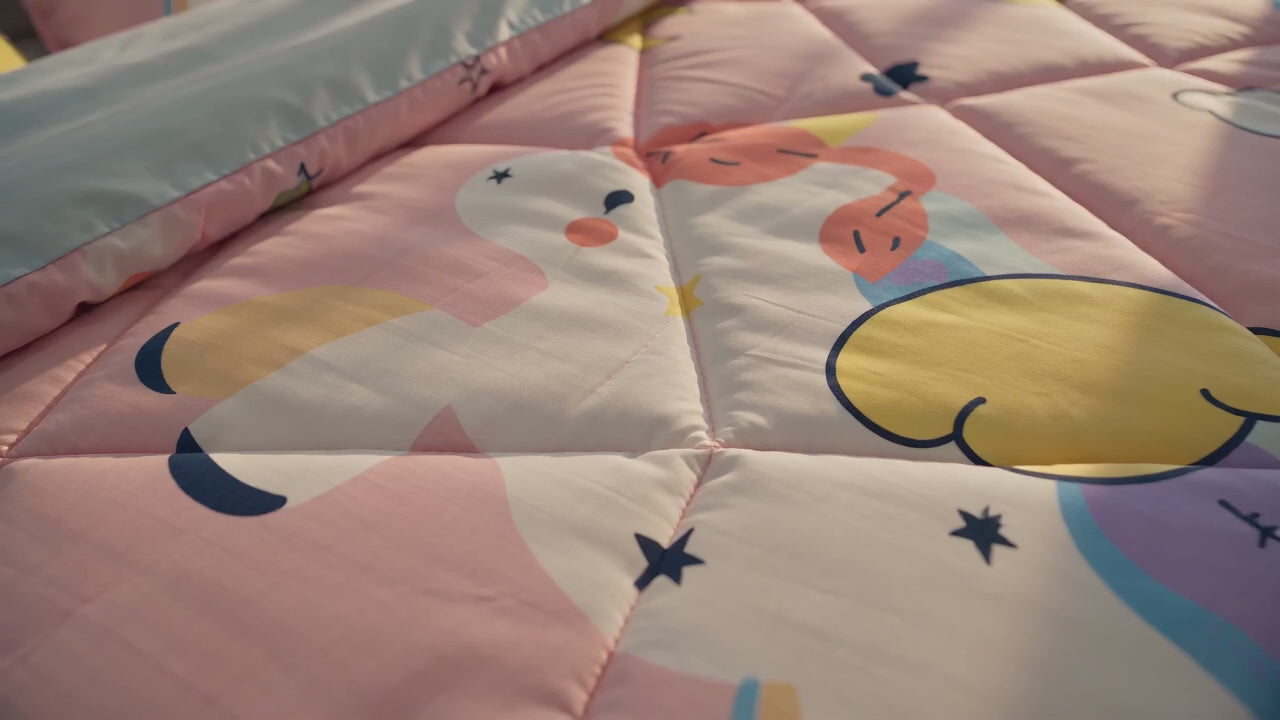 Aarniva Breathable Polyester Pink Unicorn & Rainbow Comforter Set | Double/Twin | 250 GSM | Ultra-Soft & Cozy | Pink Skies | 5-Piece Set