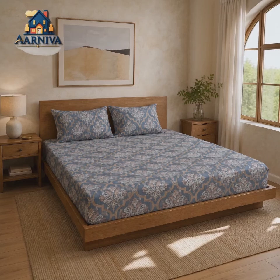 Aarniva 100% Cotton Ornamental Bedsheet Set | King/Queen | Soft & Breathable | Slate Blue Damask Medallion | 6-Piece Set